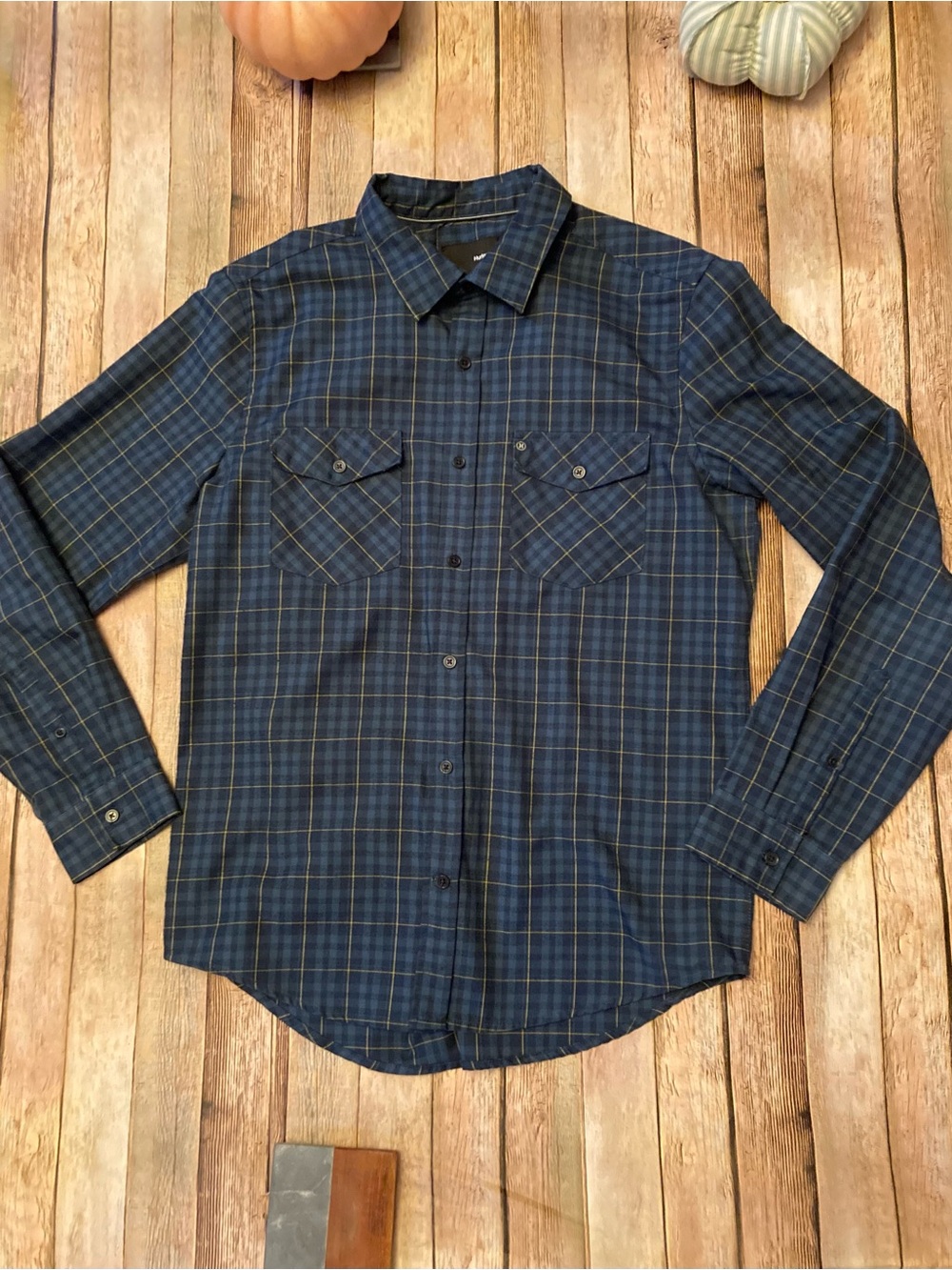 Hurley Navy and Yellow Plaid Button-Down Shirt L chest 22” flat lay length 28.5”